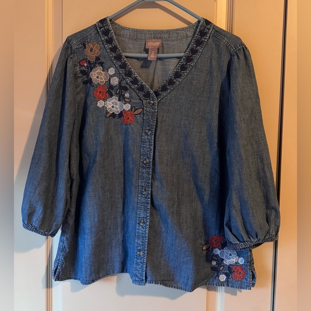 Chico's Denim-Style Embroidered Button-Down Top in Blue with Red & White Accents